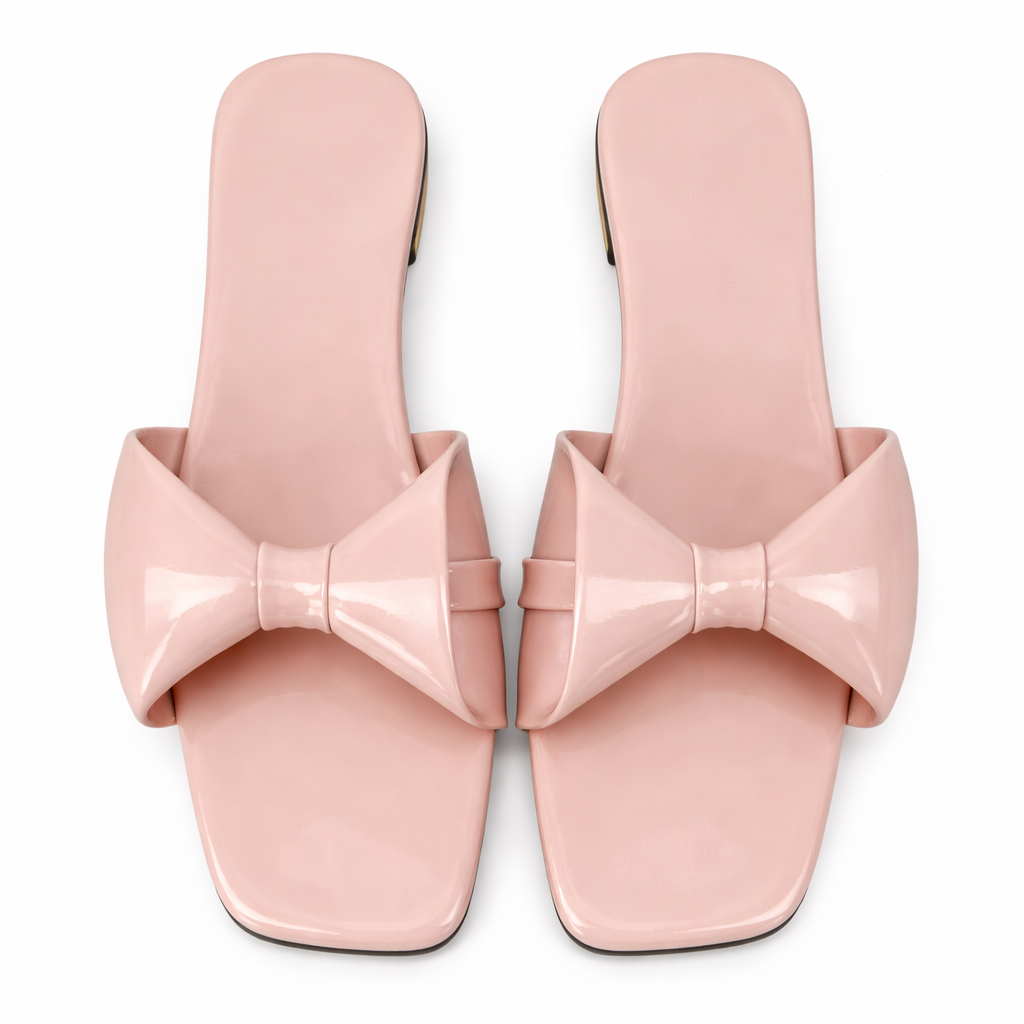 Women pink Glossy Bow Flat Slide Sandals